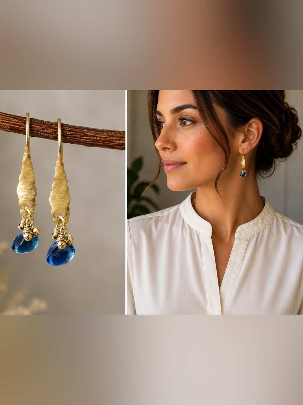 Handmade 18 karat gold & Blue Topaz earrings